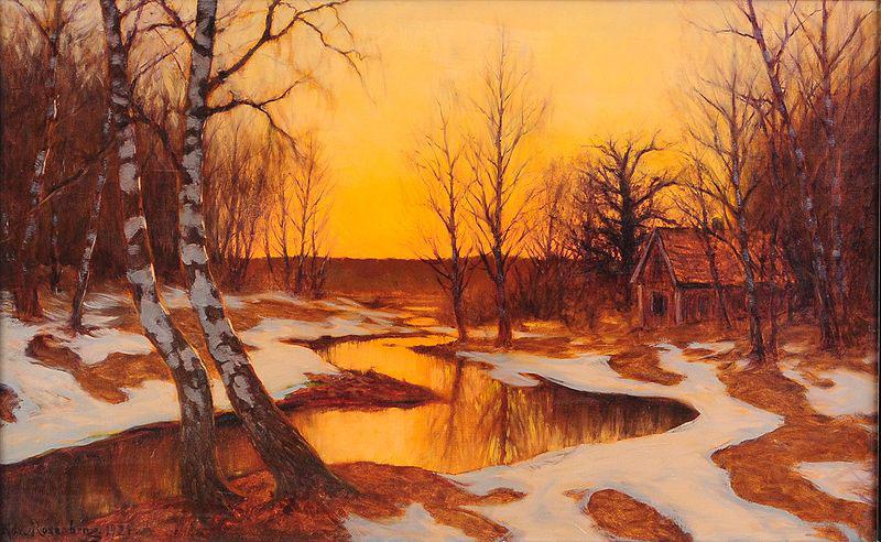 Edward Rosenberg Solnedgang i vinterlandskap Norge oil painting art